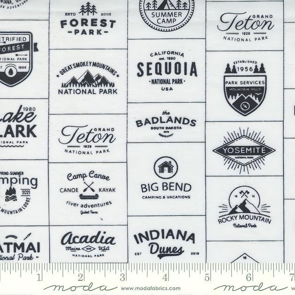 Quilting Cotton Timber Cream And Black Camp Badges By Sweetwater for Moda Fabrics