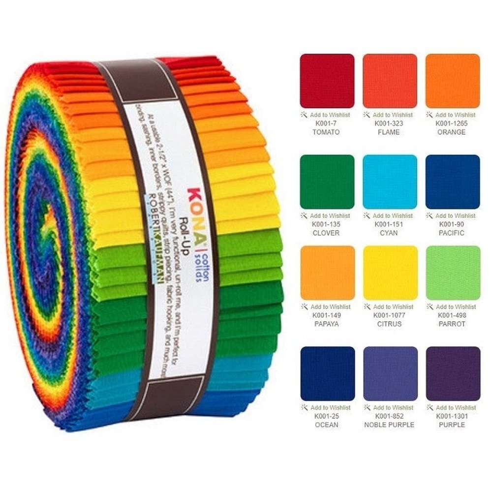 Quilting Cotton Kona Solid 2.5" Strip Bundle Brights Rainbow Jelly Roll By Robert Kaufman