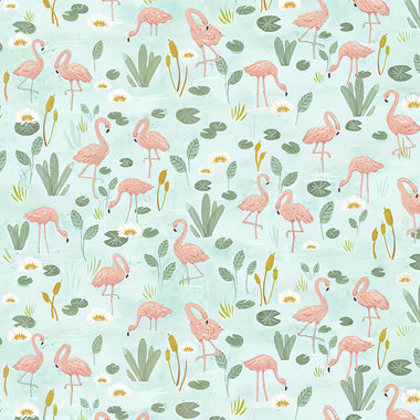 Quilting Cotton Let's Get Wild Flamingo Pond Cotton Fabric By Clara Jean for Dear Stella